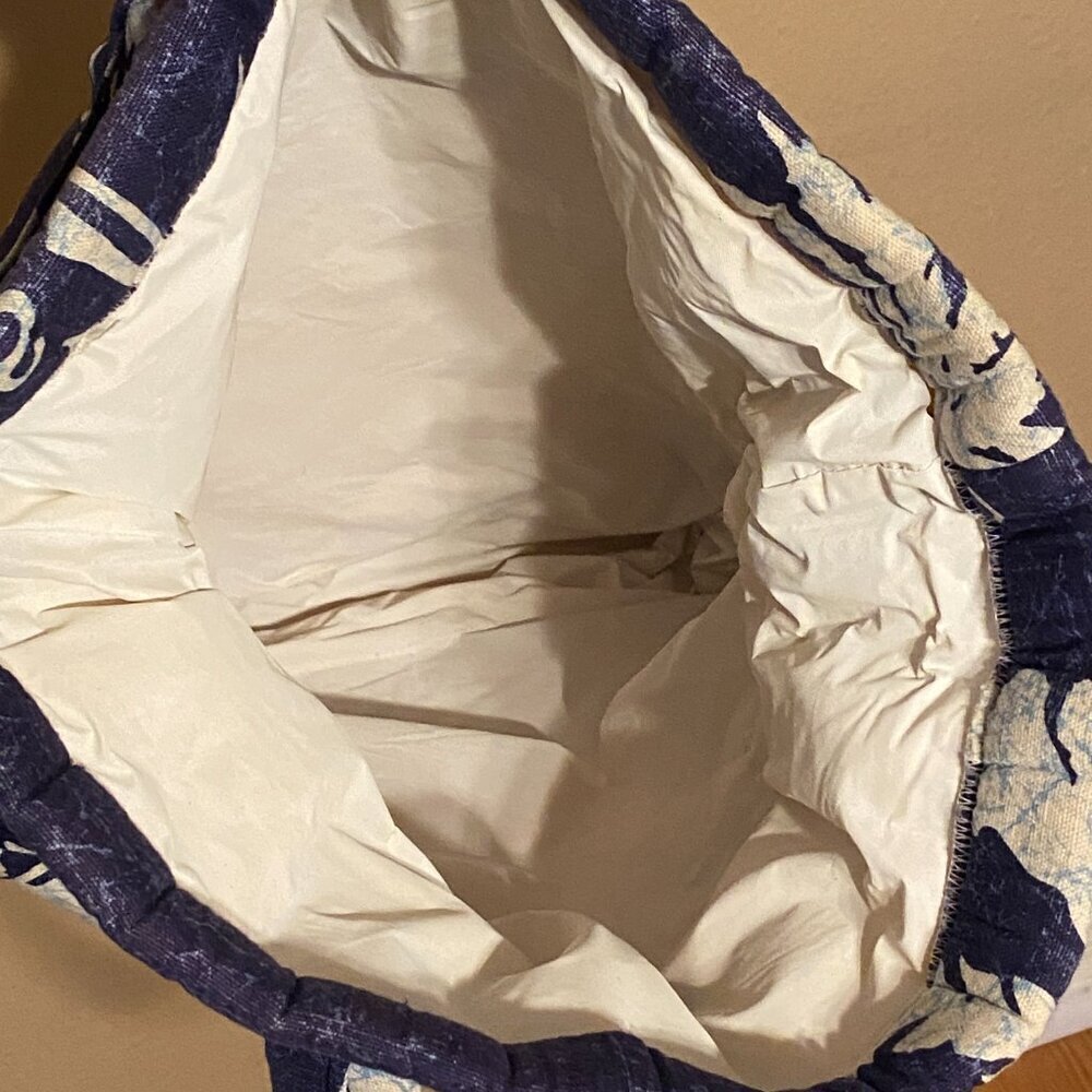 Vintage Travel Beach Tote Bag Drawstring Closure Blue/White Floral Large Size - Picture 6 of 7